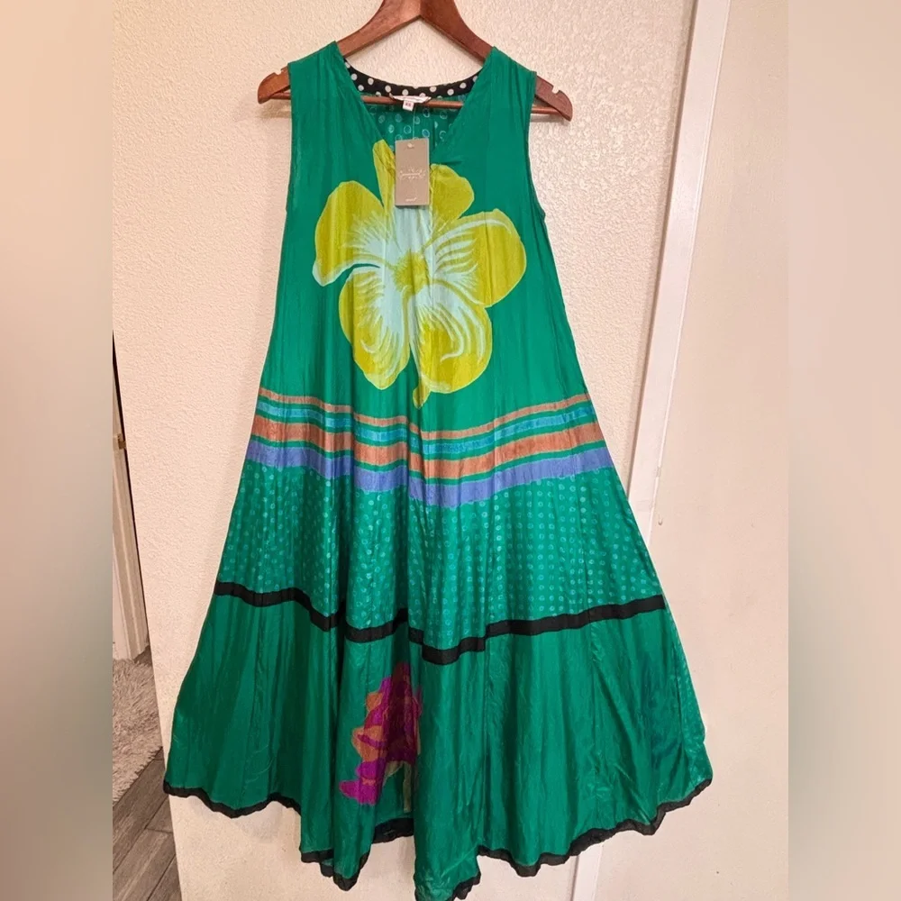 ANUPAMAA Silk Maxi Dress Green Floral Print Boho Luxe Summer Vacation Gown - Picture 4 of 13